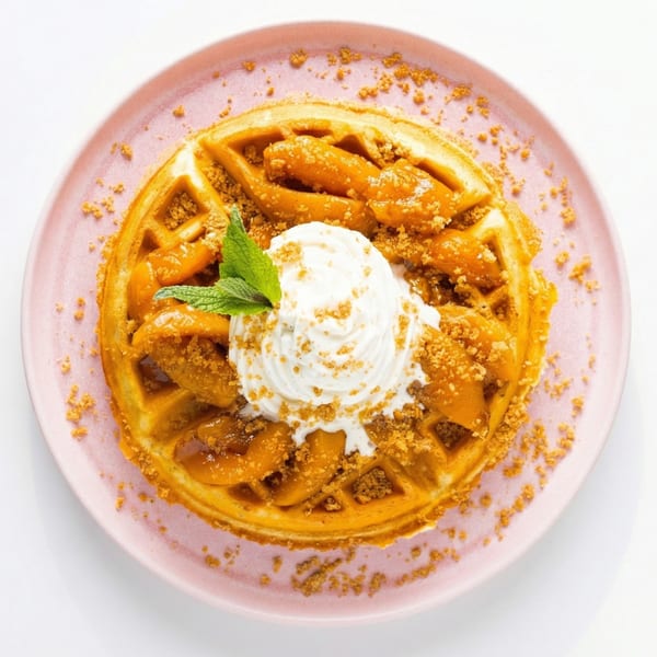 Golden waffle topped with caramelized peaches, whipped cream, cookie crumble, and a mint sprig.