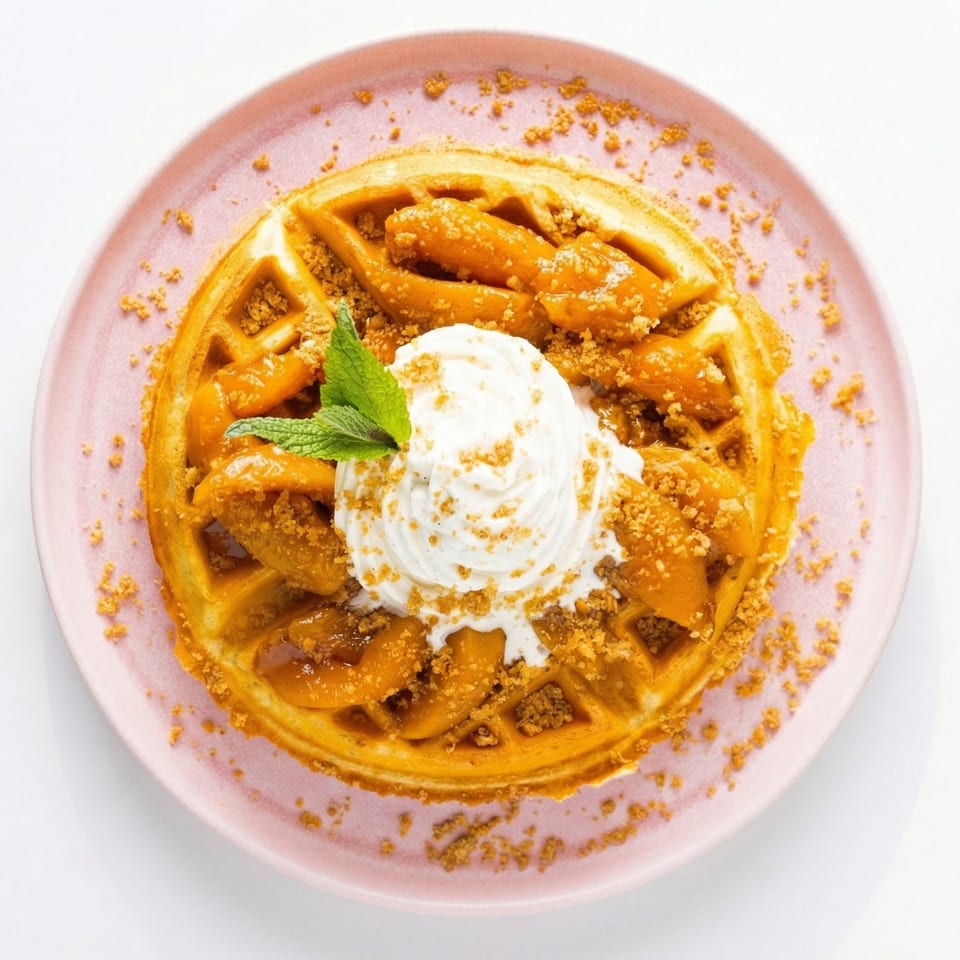 Golden waffle topped with caramelized peaches, whipped cream, cookie crumble, and a mint sprig.