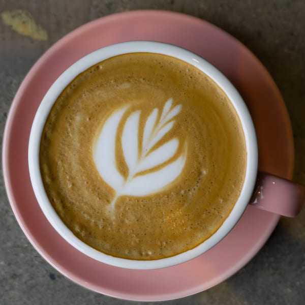 Overhead view of a latte with delicate leaf art in a white cup on a pink saucer.