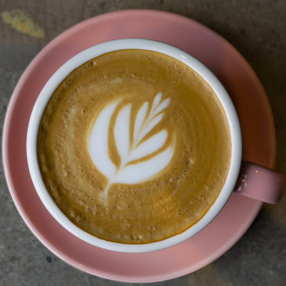 Overhead view of a latte with delicate leaf art in a white cup on a pink saucer.