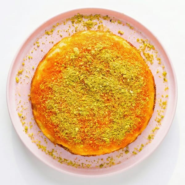 A golden-brown kunafa dessert, generously topped with crushed green pistachios, on a pink plate.