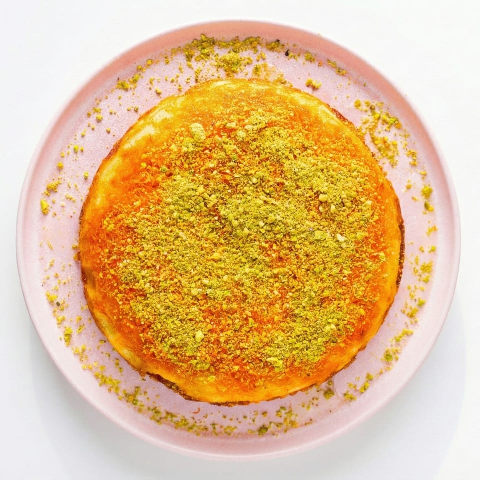 A golden-brown kunafa dessert, generously topped with crushed green pistachios, on a pink plate.