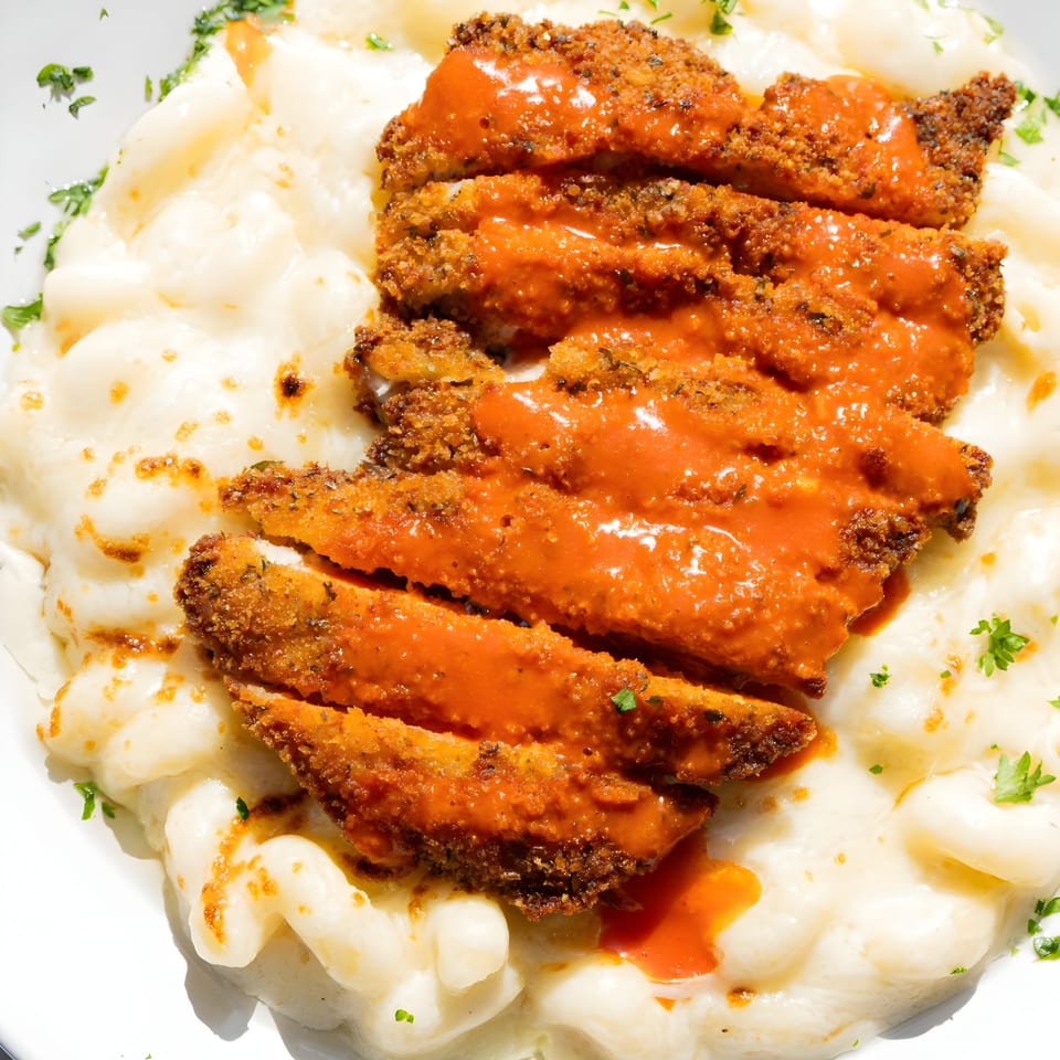 Crispy fried chicken strips with spicy orange sauce over creamy macaroni and cheese, garnished with parsley.